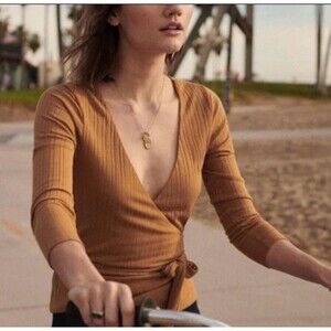 Sezane Sonia Size M Wrap Top Camel Crossover Long Sleeve Shirt Cardigan Top